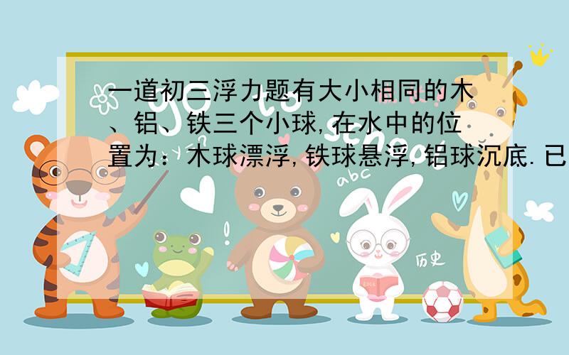 一道初三浮力题有大小相同的木、铝、铁三个小球,在水中的位置为：木球漂浮,铁球悬浮,铝球沉底.已知有一个小球是空心的,那空