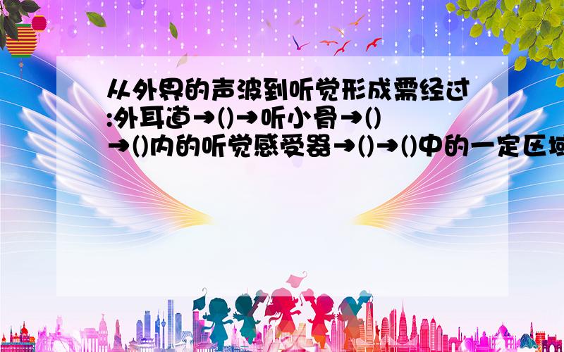 从外界的声波到听觉形成需经过:外耳道→()→听小骨→()→()内的听觉感受器→()→()中的一定区域