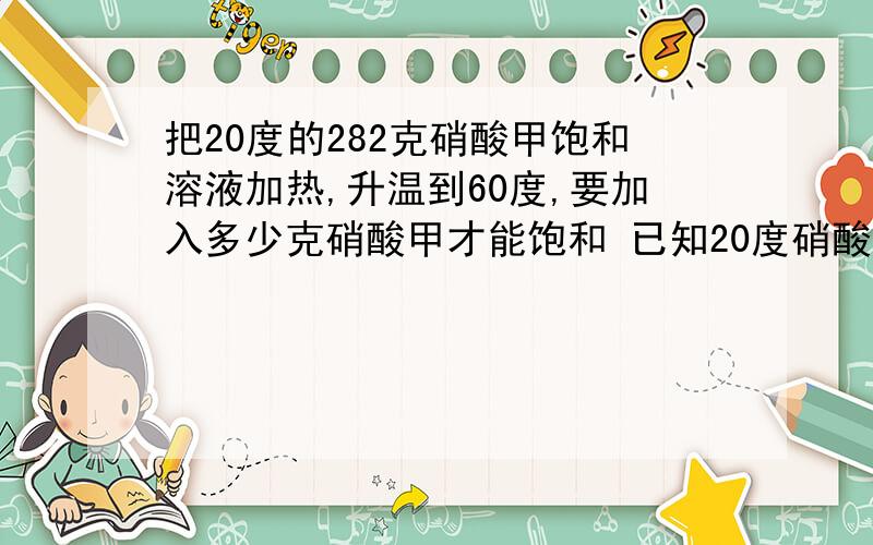 把20度的282克硝酸甲饱和溶液加热,升温到60度,要加入多少克硝酸甲才能饱和 已知20度硝酸甲的溶解度为31.6克,6