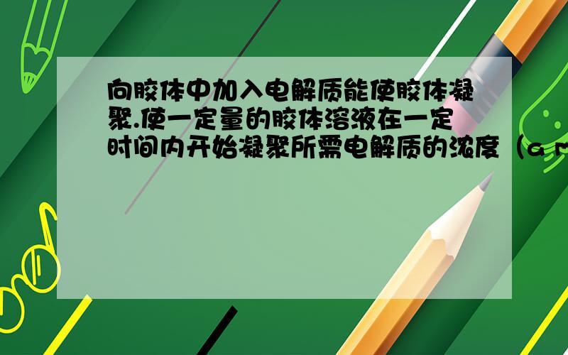 向胶体中加入电解质能使胶体凝聚.使一定量的胶体溶液在一定时间内开始凝聚所需电解质的浓度（a mol/L）称作“聚沉值”,