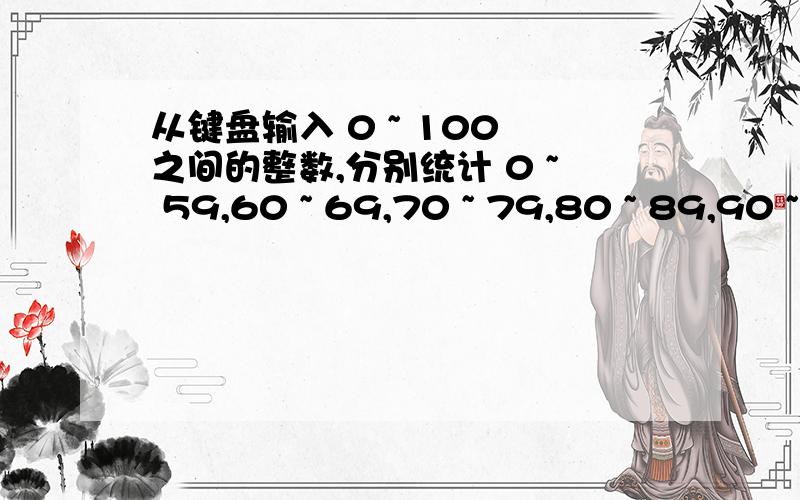 从键盘输入 0 ~ 100 之间的整数,分别统计 0 ~ 59,60 ~ 69,70 ~ 79,80 ~ 89,90 ~