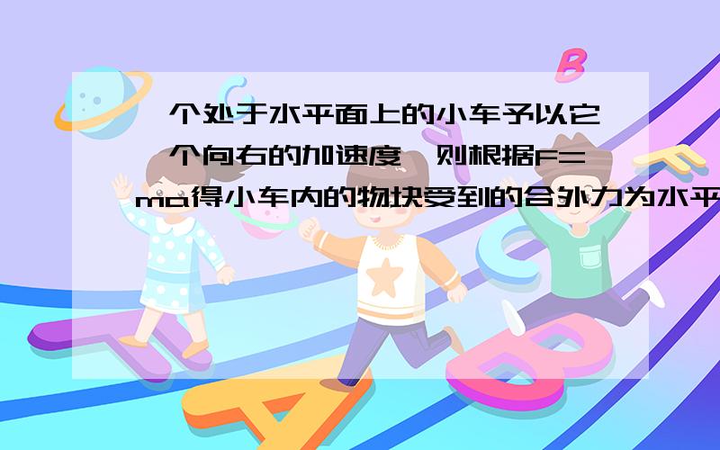 一个处于水平面上的小车予以它一个向右的加速度,则根据F=ma得小车内的物块受到的合外力为水平向右