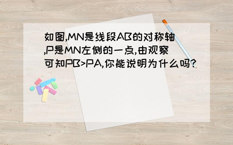 如图,MN是线段AB的对称轴,P是MN左侧的一点,由观察可知PB>PA,你能说明为什么吗?