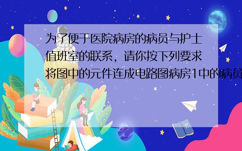 为了便于医院病房的病员与护士值班室的联系，请你按下列要求将图中的元件连成电路图病房1中的病员闭合开关S1，值班室铃响，灯