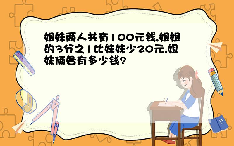 姐妹两人共有100元钱,姐姐的3分之1比妹妹少20元,姐妹俩各有多少钱?