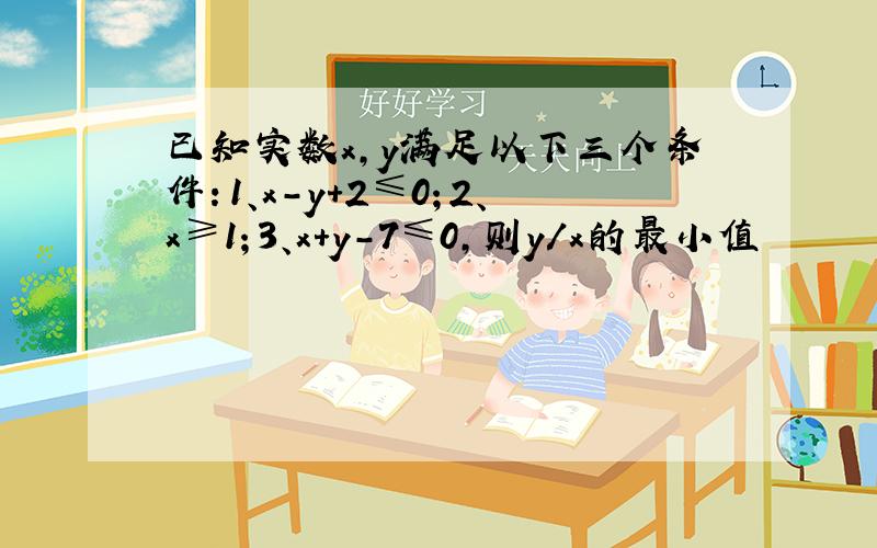 已知实数x,y满足以下三个条件：1、x-y+2≤0；2、x≥1；3、x+y-7≤0,则y/x的最小值