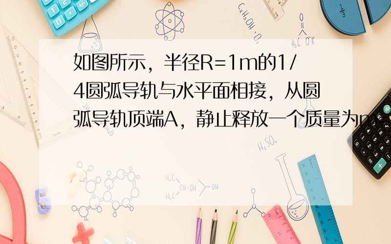 如图所示，半径R=1m的1/4圆弧导轨与水平面相接，从圆弧导轨顶端A，静止释放一个质量为m=20g的小木块，测得其滑至底