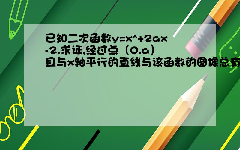 已知二次函数y=x^+2ax-2.求证,经过点（0.a）且与x轴平行的直线与该函数的图像总有两个交点