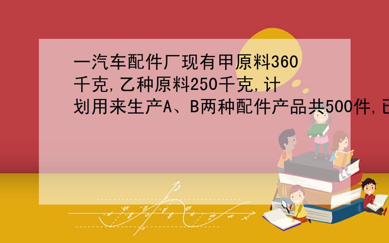 一汽车配件厂现有甲原料360千克,乙种原料250千克,计划用来生产A、B两种配件产品共500件,已知生产一种A型配件需要