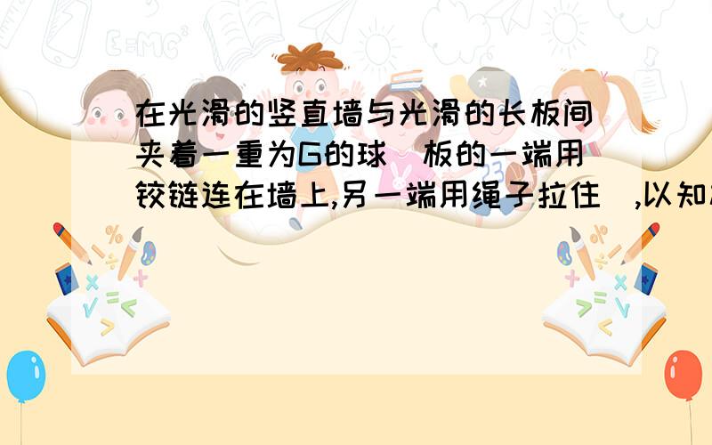 在光滑的竖直墙与光滑的长板间夹着一重为G的球（板的一端用铰链连在墙上,另一端用绳子拉住）,以知板与墙的夹角为60度