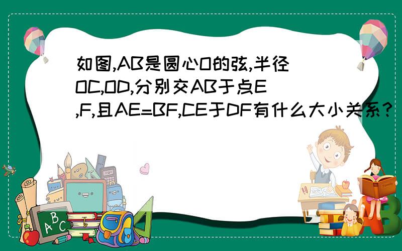 如图,AB是圆心O的弦,半径OC,OD,分别交AB于点E,F,且AE=BF,CE于DF有什么大小关系?