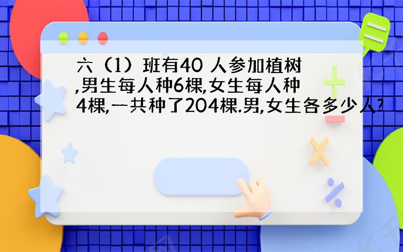 六（1）班有40 人参加植树,男生每人种6棵,女生每人种4棵,一共种了204棵.男,女生各多少人?