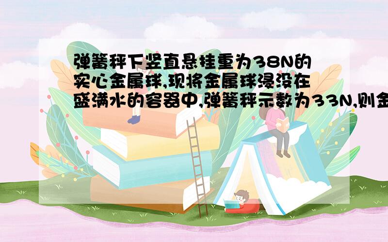 弹簧秤下竖直悬挂重为38N的实心金属球,现将金属球浸没在盛满水的容器中,弹簧秤示数为33N,则金属球受到的浮力大小为——