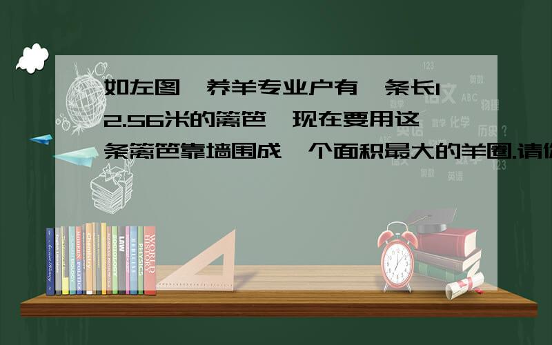 如左图,养羊专业户有一条长12.56米的篱笆,现在要用这条篱笆靠墙围成一个面积最大的羊圈.请你帮他设计一下,请先画出示意