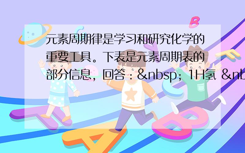 元素周期律是学习和研究化学的重要工具。下表是元素周期表的部分信息，回答：  1H氢   2He氦 3