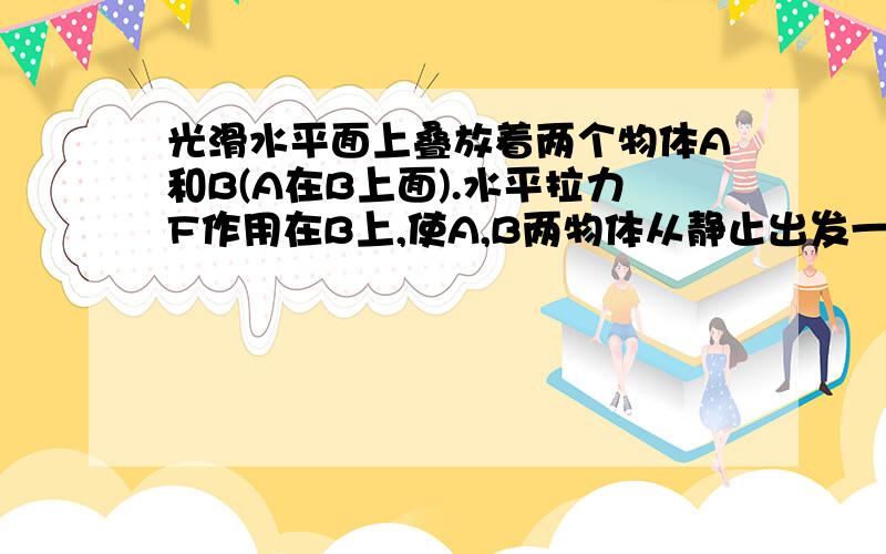 光滑水平面上叠放着两个物体A和B(A在B上面).水平拉力F作用在B上,使A,B两物体从静止出发一起运动.经过时间t,撤去