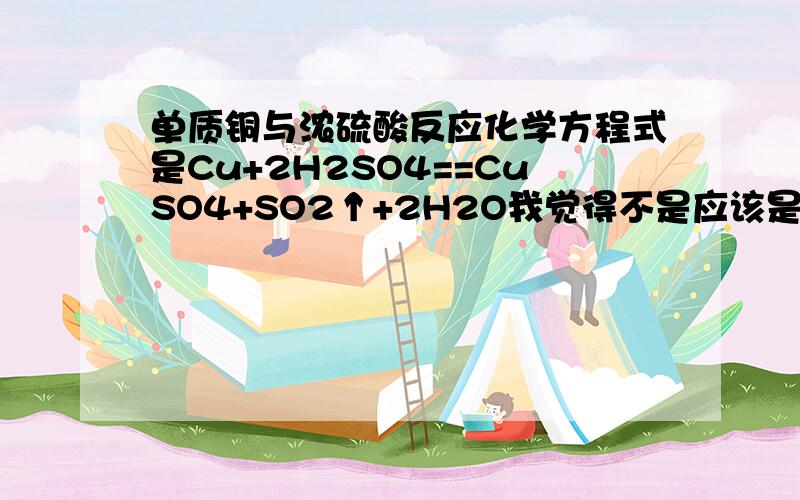 单质铜与浓硫酸反应化学方程式是Cu+2H2SO4==CuSO4+SO2↑+2H2O我觉得不是应该是Cu+2H2SO4==