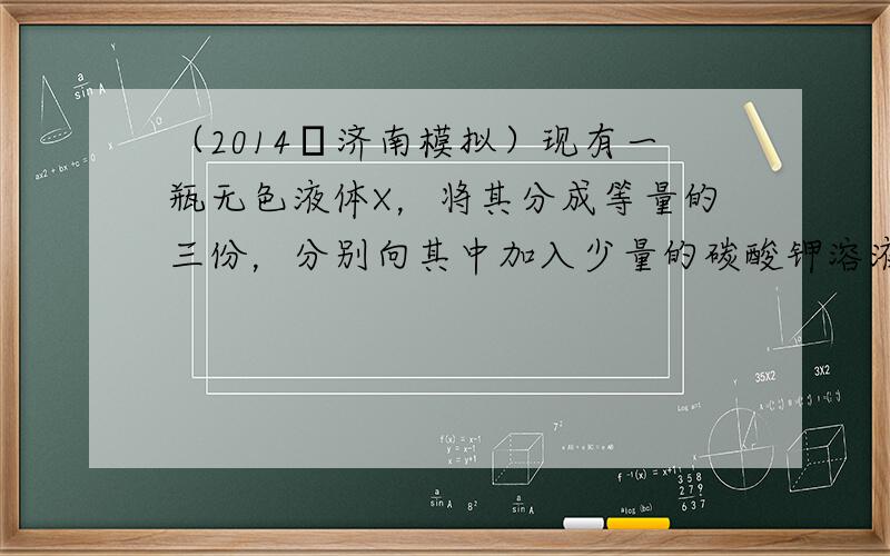 （2014•济南模拟）现有一瓶无色液体X，将其分成等量的三份，分别向其中加入少量的碳酸钾溶液、氯化钡溶液、硫酸钠溶液，产