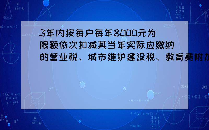 3年内按每户每年8000元为限额依次扣减其当年实际应缴纳的营业税、城市维护建设税、教育费附加和个人所得税.举个例,即可以