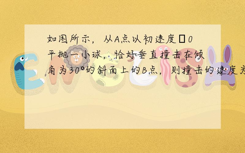 如图所示，从A点以初速度υ0平抛一小球，恰好垂直撞击在倾角为30°的斜面上的B点，则撞击的速度为 ___ ，在空中飞行的