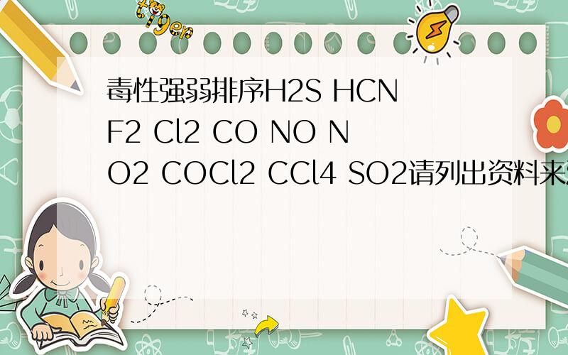 毒性强弱排序H2S HCN F2 Cl2 CO NO NO2 COCl2 CCl4 SO2请列出资料来源