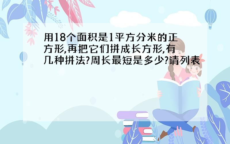 用18个面积是1平方分米的正方形,再把它们拼成长方形,有几种拼法?周长最短是多少?请列表