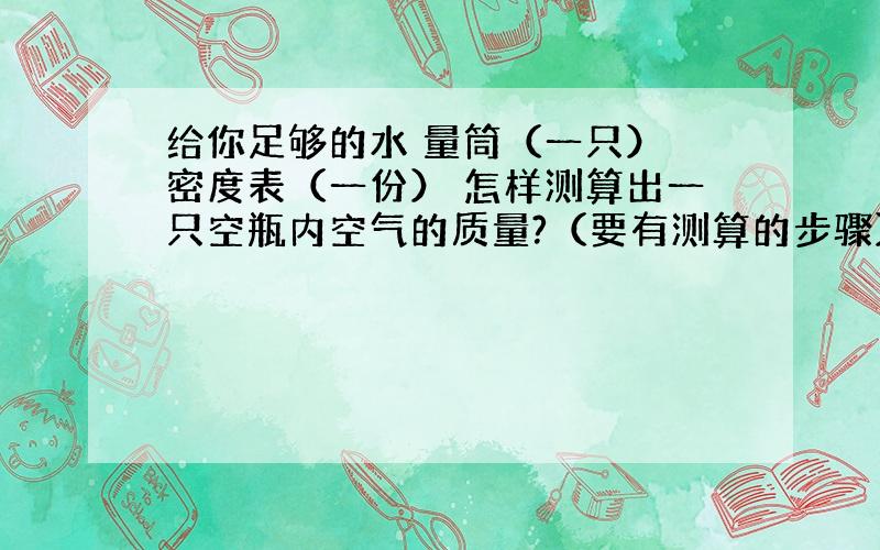 给你足够的水 量筒（一只） 密度表（一份） 怎样测算出一只空瓶内空气的质量?（要有测算的步骤）