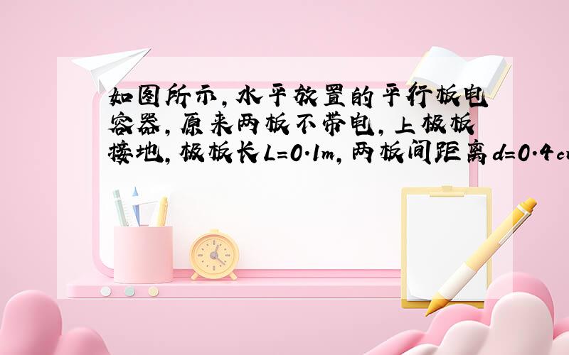 如图所示,水平放置的平行板电容器,原来两板不带电,上极板接地,极板长L=0.1m,两板间距离d=0.4cm,有一束由相同