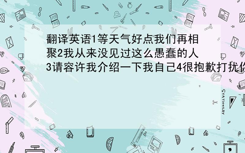 翻译英语1等天气好点我们再相聚2我从来没见过这么愚蠢的人3请容许我介绍一下我自己4很抱歉打扰你,我想借一下你的笔5他从未