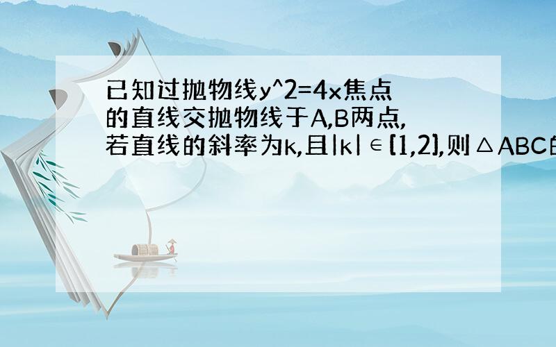 已知过抛物线y^2=4x焦点的直线交抛物线于A,B两点,若直线的斜率为k,且|k|∈[1,2],则△ABC的面积最大值为