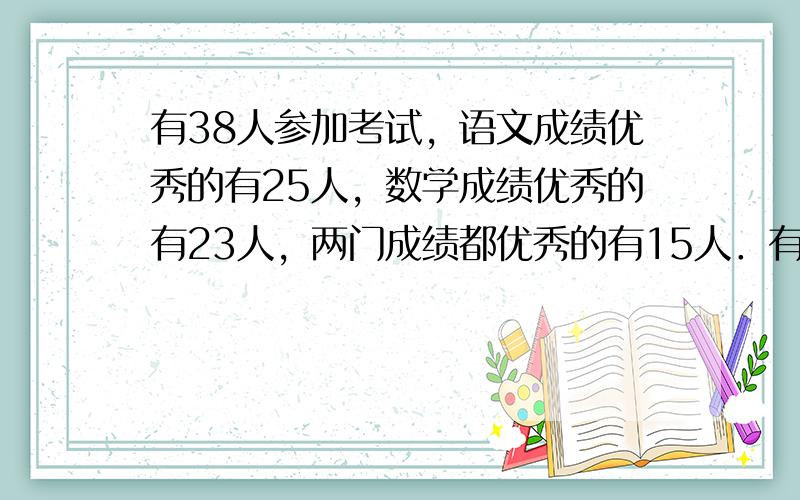 有38人参加考试，语文成绩优秀的有25人，数学成绩优秀的有23人，两门成绩都优秀的有15人．有______人两门成绩都没