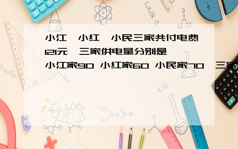 小江,小红,小民三家共付电费121元,三家供电量分别是,小江家90 小红家60 小民家70,三家各应付电费多少