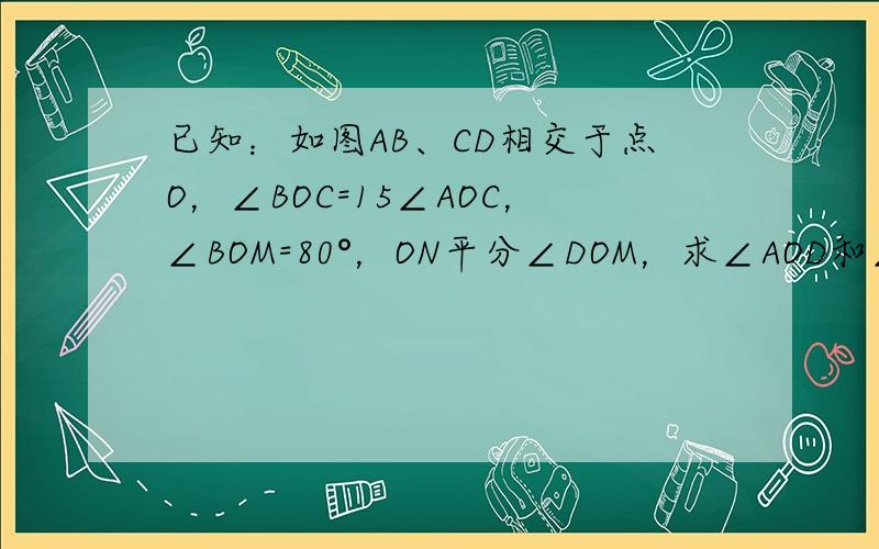 已知：如图AB、CD相交于点O，∠BOC=15∠AOC，∠BOM=80°，ON平分∠DOM，求∠AOD和∠AON．