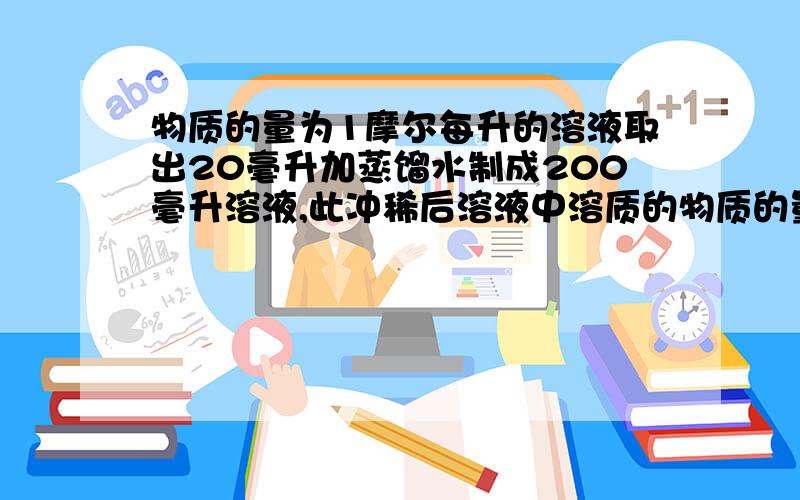 物质的量为1摩尔每升的溶液取出20毫升加蒸馏水制成200毫升溶液,此冲稀后溶液中溶质的物质的量浓度是