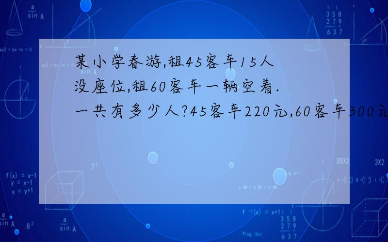 某小学春游,租45客车15人没座位,租60客车一辆空着.一共有多少人?45客车220元,60客车300元.怎样最便宜?