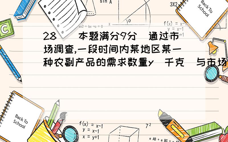 28．(本题满分9分)通过市场调查,一段时间内某地区某一种农副产品的需求数量y(千克)与市场价格x(元／千克)(0