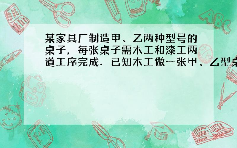 某家具厂制造甲、乙两种型号的桌子，每张桌子需木工和漆工两道工序完成．已知木工做一张甲、乙型桌子分别需要1小时和2小时，漆