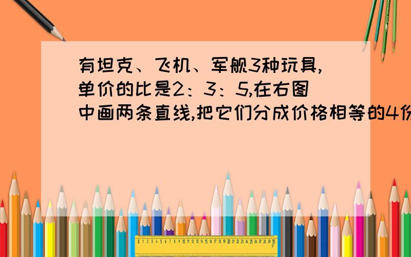 有坦克、飞机、军舰3种玩具,单价的比是2：3：5,在右图中画两条直线,把它们分成价格相等的4份.