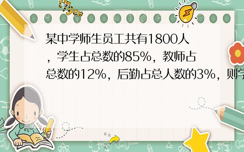 某中学师生员工共有1800人，学生占总数的85%，教师占总数的12%，后勤占总人数的3%，则学生有______人，教师有