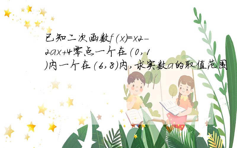 已知二次函数f(x)=x2-2ax+4零点一个在(0,1)内一个在(6,8)内,求实数a的取值范围