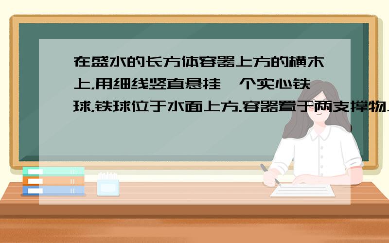 在盛水的长方体容器上方的横木上，用细线竖直悬挂一个实心铁球，铁球位于水面上方.容器置于两支撑物上而保持静止，如图所示.容