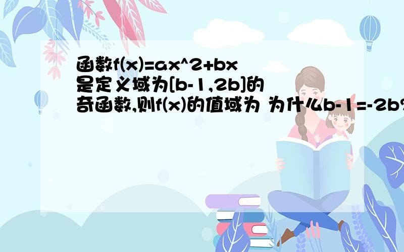 函数f(x)=ax^2+bx是定义域为[b-1,2b]的奇函数,则f(x)的值域为 为什么b-1=-2b?