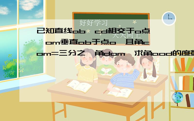 已知直线ab、cd相交于o点,om垂直ab于点o,且角com=三分之一角dom,求角aod的度数