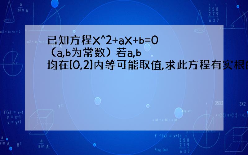 已知方程X^2+aX+b=0 (a,b为常数) 若a,b均在[0,2]内等可能取值,求此方程有实根的概率