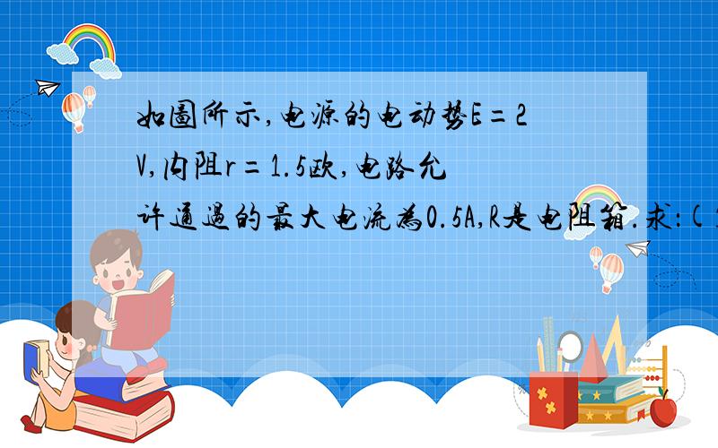 如图所示,电源的电动势E=2V,内阻r=1.5欧,电路允许通过的最大电流为0.5A,R是电阻箱.求：(1)开关闭合...