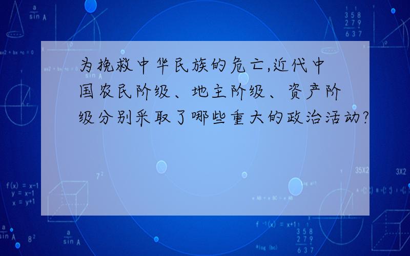 为挽救中华民族的危亡,近代中国农民阶级、地主阶级、资产阶级分别采取了哪些重大的政治活动?