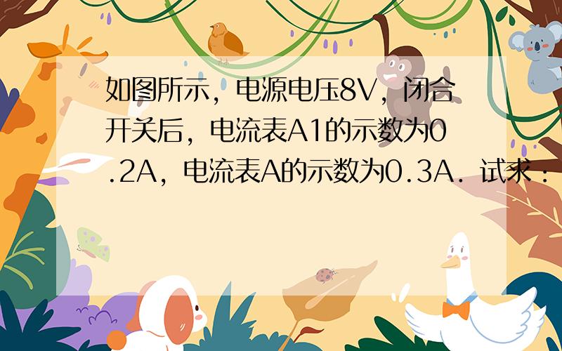 如图所示，电源电压8V，闭合开关后，电流表A1的示数为0.2A，电流表A的示数为0.3A．试求：