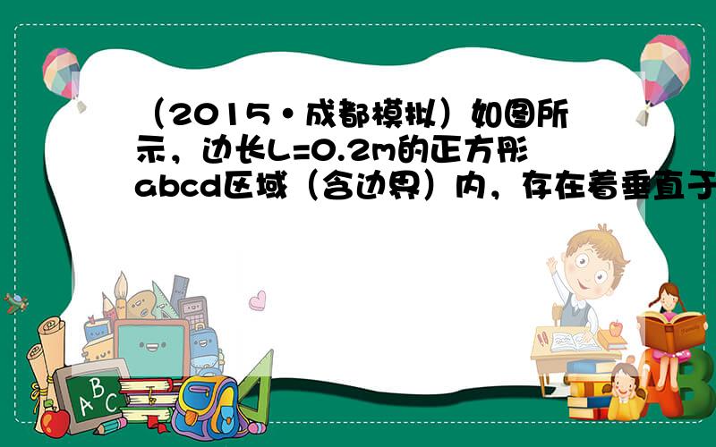 （2015•成都模拟）如图所示，边长L=0.2m的正方彤abcd区域（含边界）内，存在着垂直于区域表面向内的匀强磁场B．