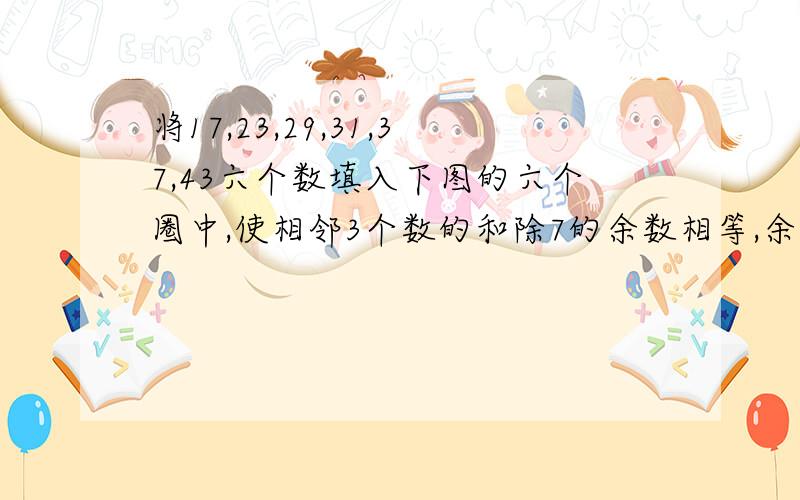 将17,23,29,31,37,43六个数填入下图的六个圈中,使相邻3个数的和除7的余数相等,余数是几