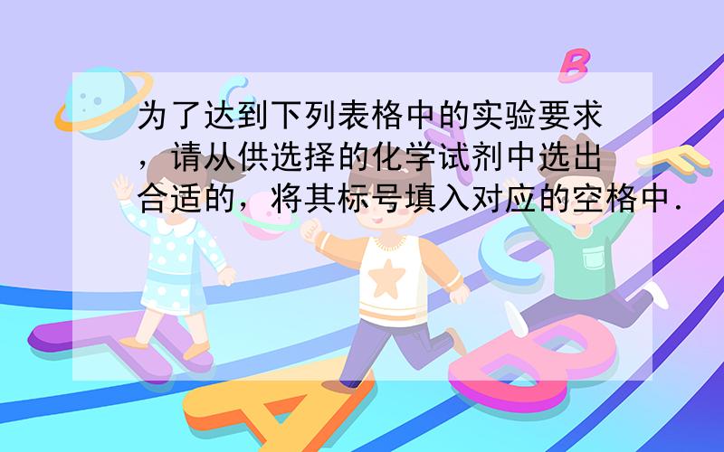 为了达到下列表格中的实验要求，请从供选择的化学试剂中选出合适的，将其标号填入对应的空格中．